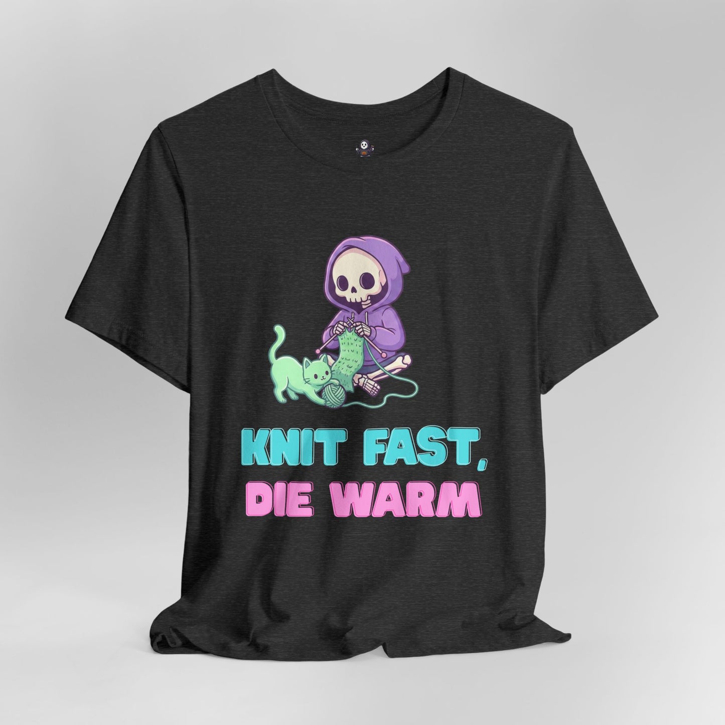 Knit Fast Die Warm T-Shirt | Funny Skeleton Knitting Cat Graphic | Spooky Cute Black Tee