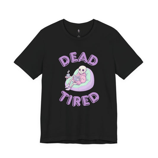 Dead Tired T-Shirt | Spooky Cute Skeleton Reading Graphic | Pastel Goth Black Tee