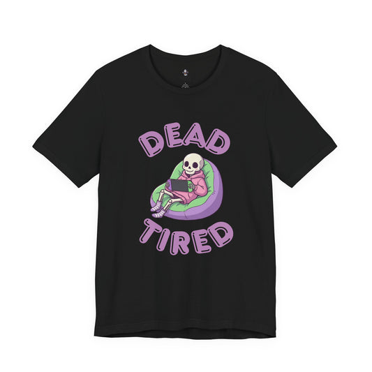 Dead Tired Gamer T-Shirt | Kawaii Skeleton Gaming Graphic | Spooky Cute Black Tee