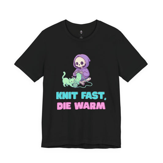 Knit Fast Die Warm T-Shirt | Funny Skeleton Knitting Cat Graphic | Spooky Cute Black Tee