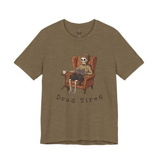 Dead Tired T-Shirt | Cozy Skeleton Black Cat Graphic | Dark Academia Spooky Tee