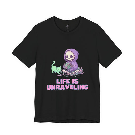 Life Is Unraveling T-Shirt | Funny Skeleton Yarn Cat Graphic | Pastel Goth Black Tee