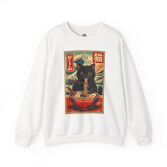 Ramen Cat Sweatshirt | Japanese Ukiyo-e Black Cat Crewneck | Anime Ramen Graphic